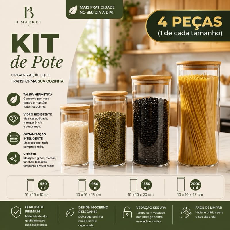 Potes Hermético de Vidro com Tampa de Bambu