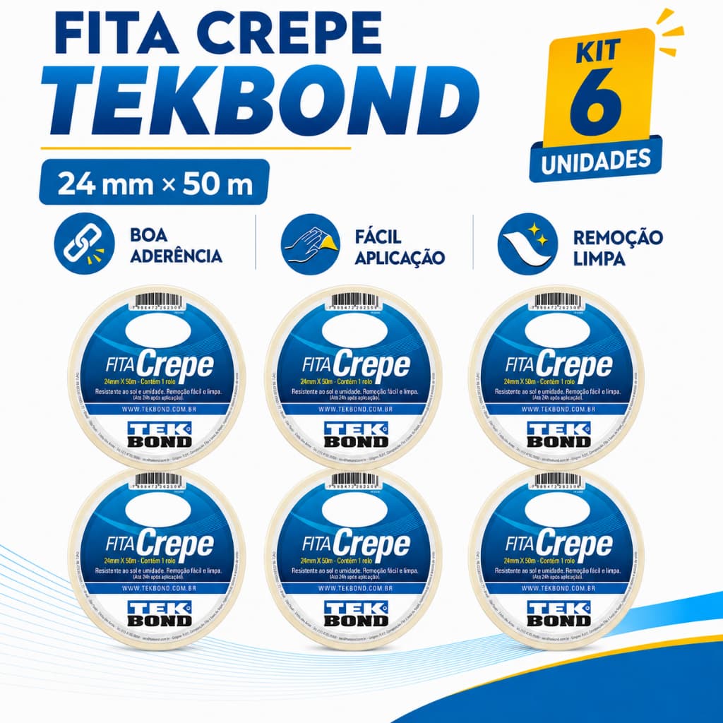 Kit 6 Fita Crepe Adesiva 24mmX50m Tekbond Uso Geral Branco Alta Aderência