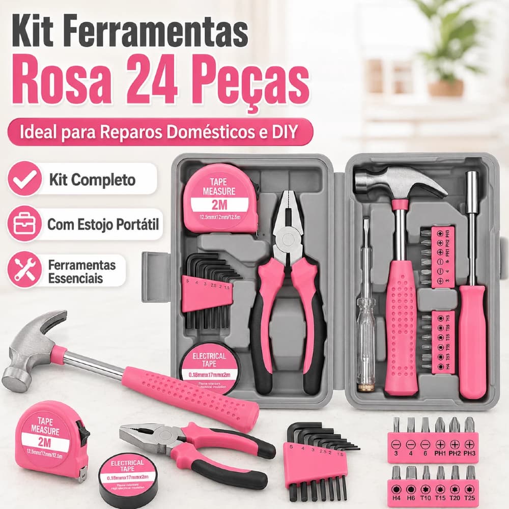 Kit Ferramentas Rosa 24/13 Peças Martelo, Chaves e Fita Métrica com Estojo - Perfeito para Reparos Domésticos DIY