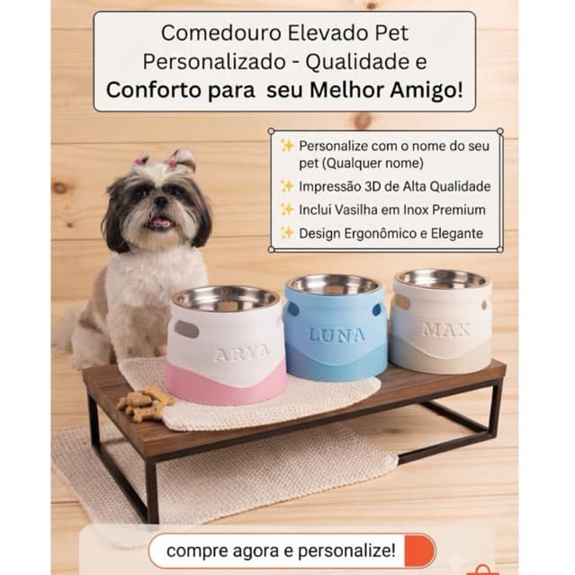Comedouro e Bebedouro Pet Elevado Personalizado 3D – 500Ml Conforto e Estilo para o seu Melhor Amigo!