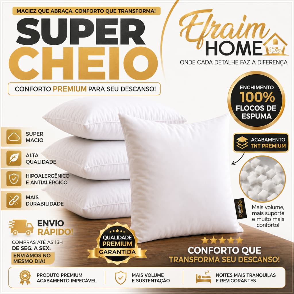 Kit 4 Enchimento Para Almofadas Refil 45x45cm Super Cheia Macia Fácil Lavar