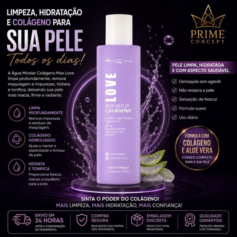 Água Micelar Demaquilante Max Love 300 Ml - Colageno Demaquila Tonifica