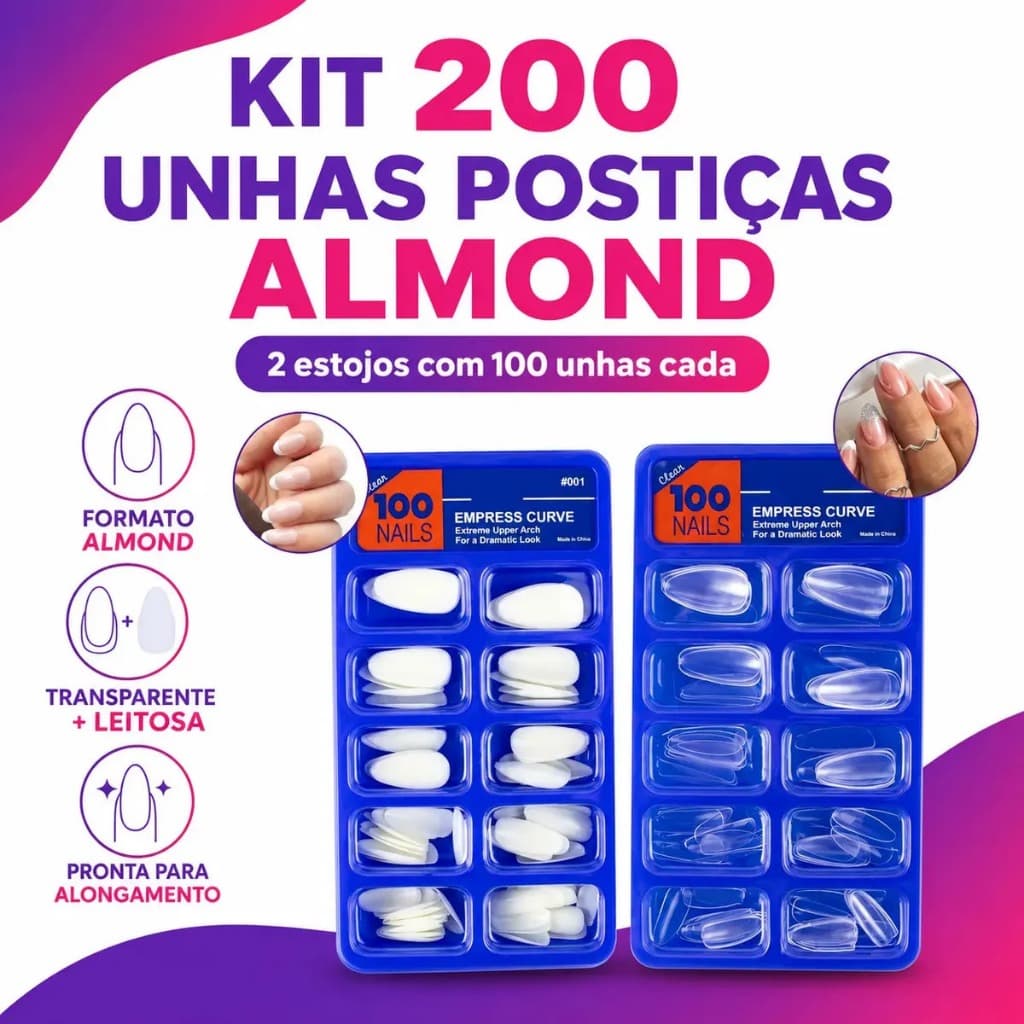 Kit 200 Unhas Postiças Almond Curta Branca e Transparente Manicure Nail Designer Decoração De Unhas Bmed