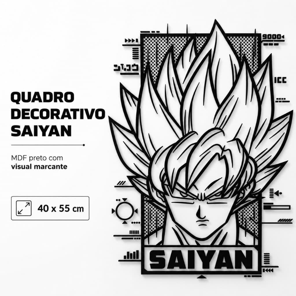 Quadro Decorativo Saiyan em MDF Preto – Estilo Anime