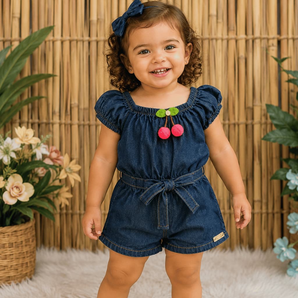 Macacão Jeans Confortáve Infantil Meninas Com Laço na Cintura e Manga Bufante
