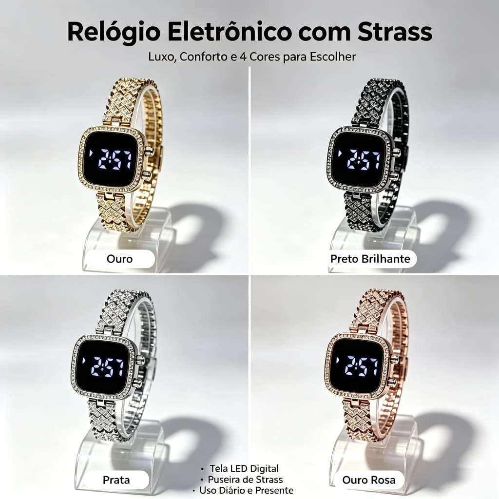 Relógio Feminino de Aço Inoxidável com LED Diamante para Elegância e Sofisticação