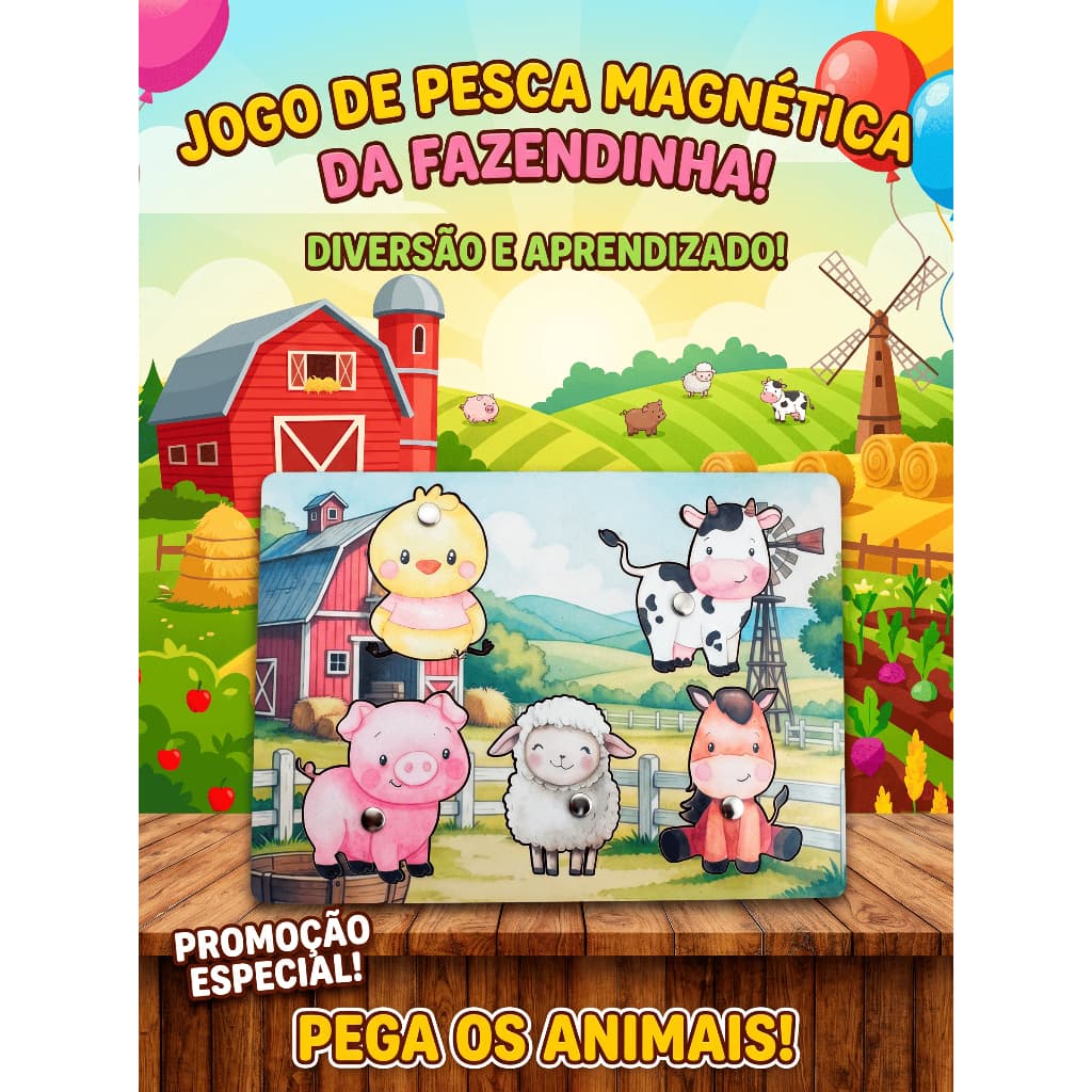 Lembrancinha Fazendinha KIT com 10/20/30 Jogo de Pesca Magnética MDF Kit Festa Aniversário Menino Menina
