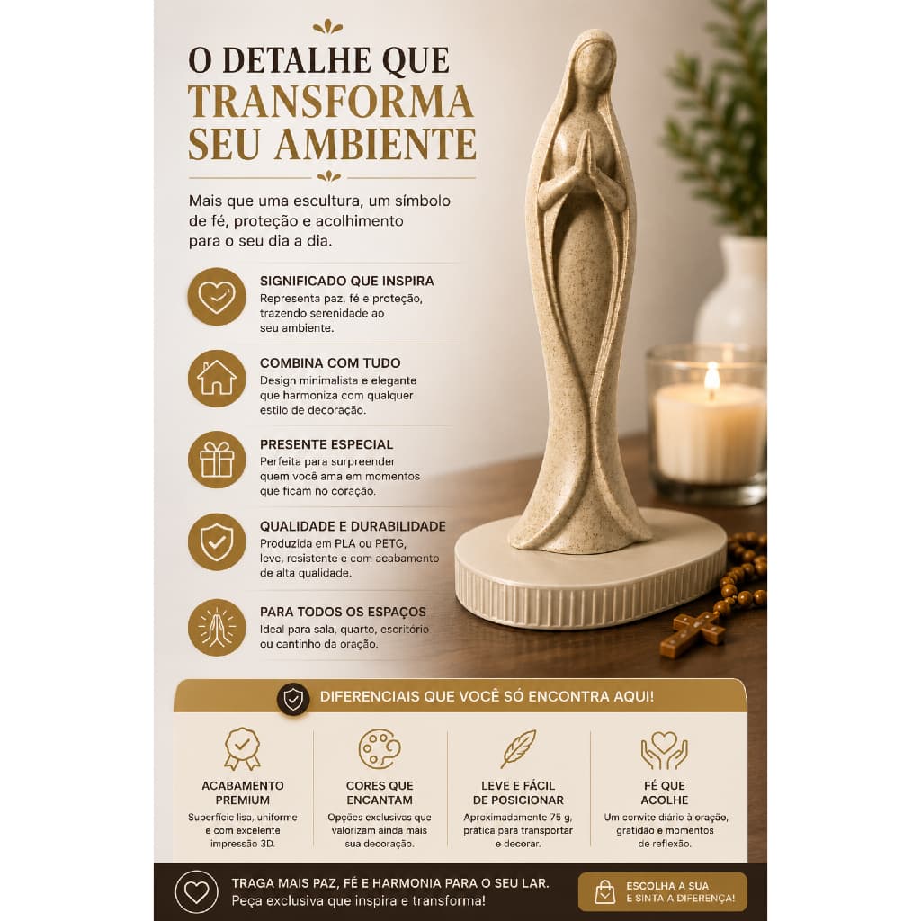 Nossa Senhora do Silêncio 20cm Decorativa em PLA ou PETG para Sala Quarto Oração Presente Religioso