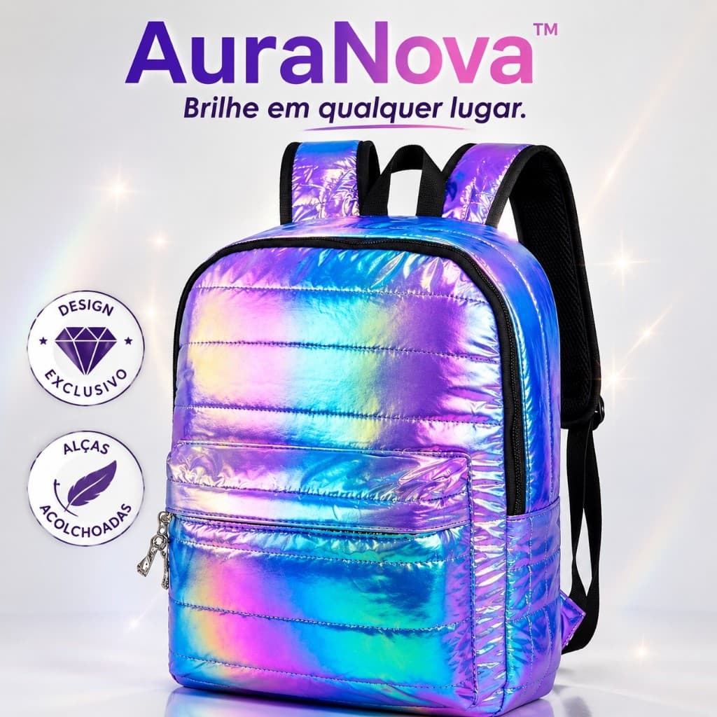 Mochila Holográfica Metalizada Escolar Feminina Grande Resistente Juvenil Alças Acolchoadas AuraNova