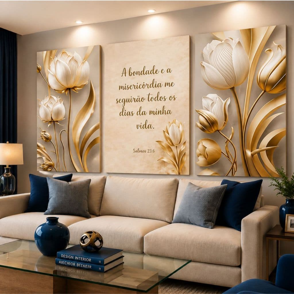Quadro Decorativo Tríptico Flores Douradas Salmos 23:6 Sem Moldura Kit 3 Peças Religioso MDF