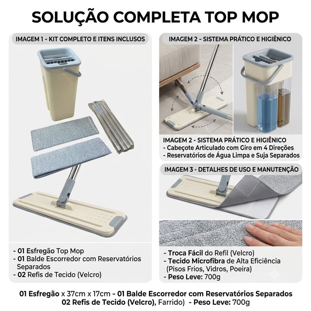 Esfregão Mop Giratório com Balde e 2 Refis | Limpeza Fácil e Prática