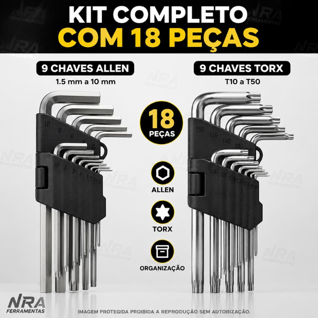 Jogo de Chaves Allen e Torx 18 Peças em Aço Cromo Vanádio com Estojo Organizador para Uso Profissional