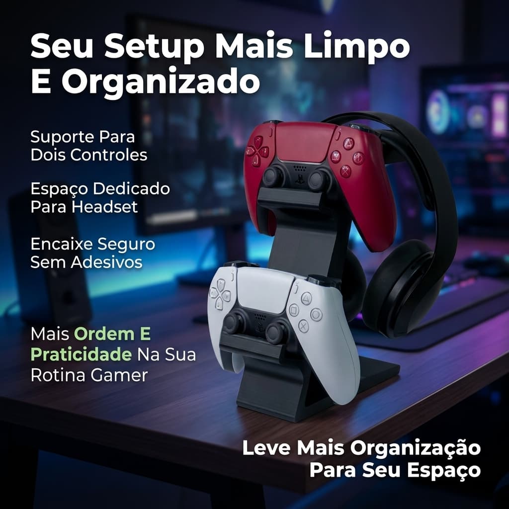 Suporte Gamer + Brinde 2 Controles + Headset PS5 PS4 Xbox Organizador Mesa Premium | ENB