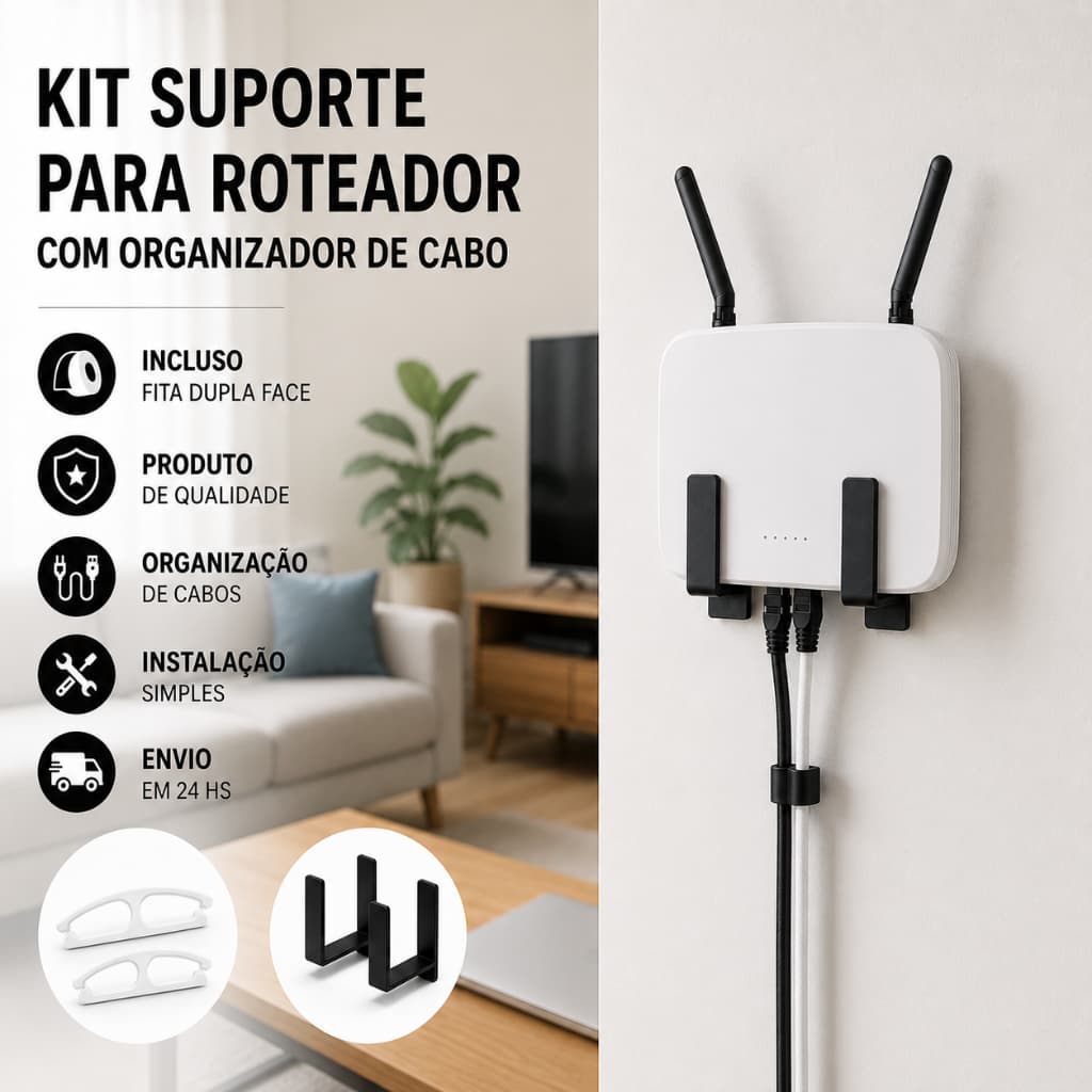 KIT Suporte para Roteador e Modem de Parede Sem Furo com Fita Universal Organizador WiFi Adesivo