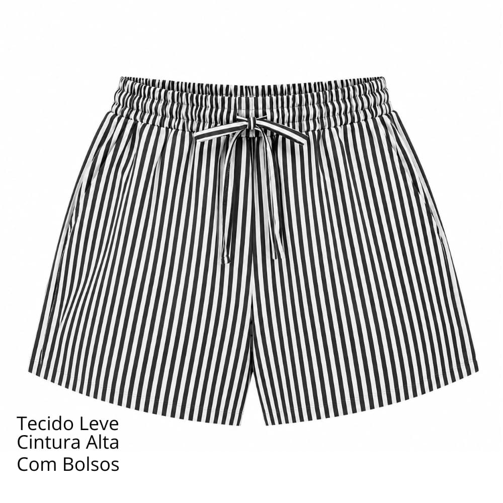 Shorts Feminino Casual Tecido  Feminino Listrado Preto Cintura Alta Soltinho