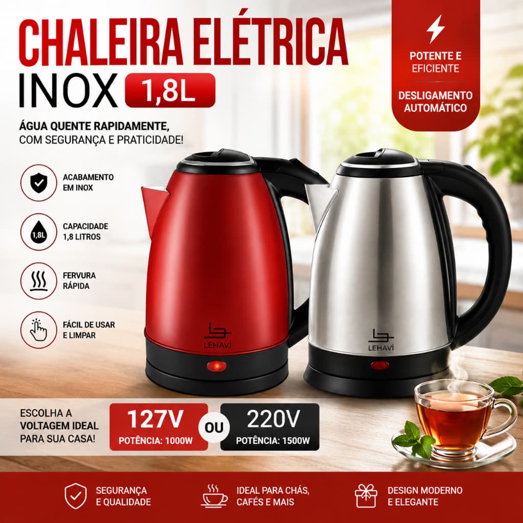 Chaleira Elétrica Inox 1,8L Aquecimento Rápido Desligamento Automático Base 360° 127V 220V