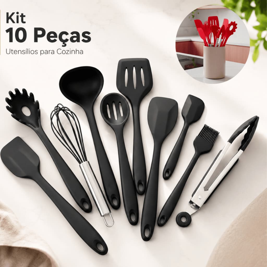 Kit 10 Peças Conjunto Utensílios Cozinha Silicone Inox Jogo Colheres Pegador Concha Espátula Fouet