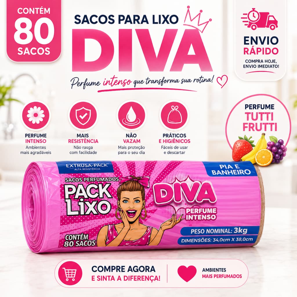Saco de Lixo Perfumado Tuttifrutti Pia Banheiro Rosa Diva 2/3/4/6 Cheiroso Anti Inseto Anti Odor