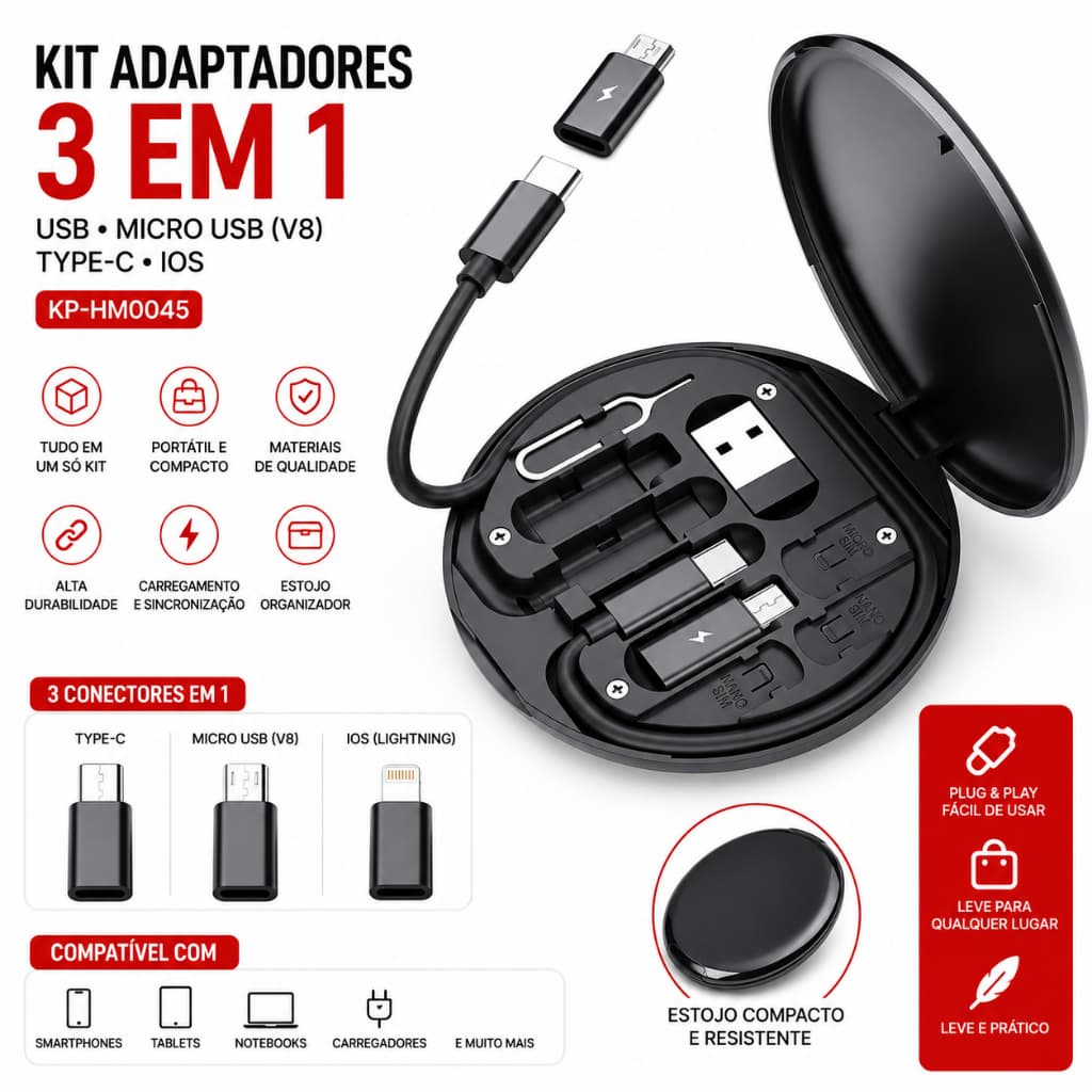 Kit Adaptadores 3 em 1 USB, Micro USB (V8), Type-C e iOS KP-HM0045 com Estojo
