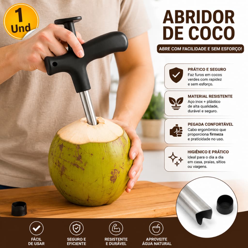 Furador e Abridor de Coco em Aço Inox com Cabo Plástico Resistente para Casa, Bares,Quiosques,Praia