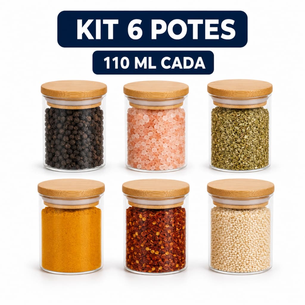 Kit 6 Mini Potes de Vidro Herméticos Redondos OIKOS 110ml com Tampa de Bambu