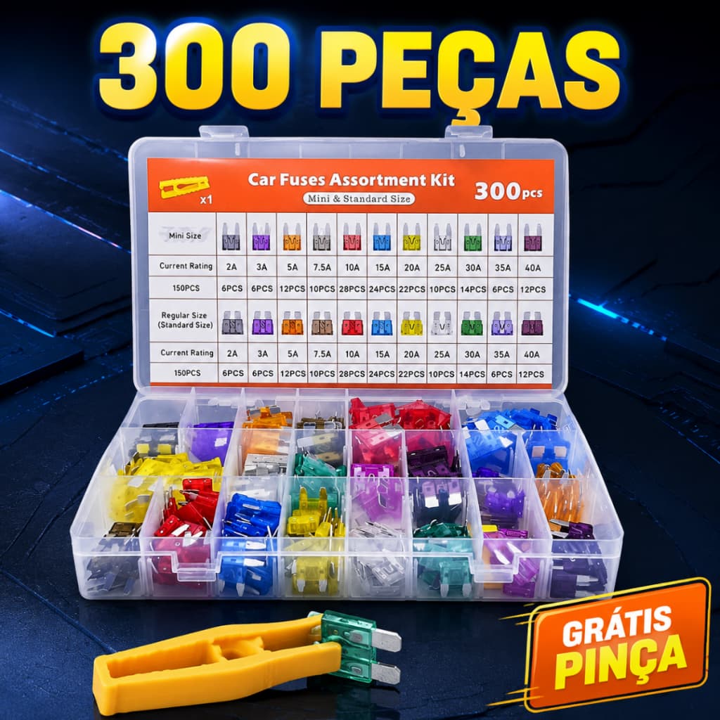 Kit 300 Fusíveis Lâmina Automotivo Mini e Padrão 2A~40A Sortido com Estojo e Pinça para Carro Moto Caminhão