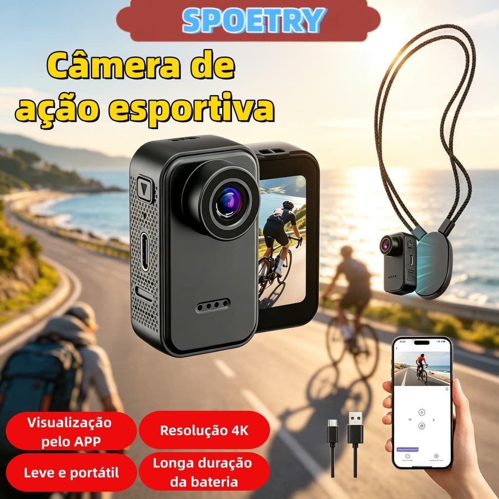 Câmera de ação esportiva 4K WiFi mini portátil e fácil de levar estabilizador de bolso grande angular magnética de 130°