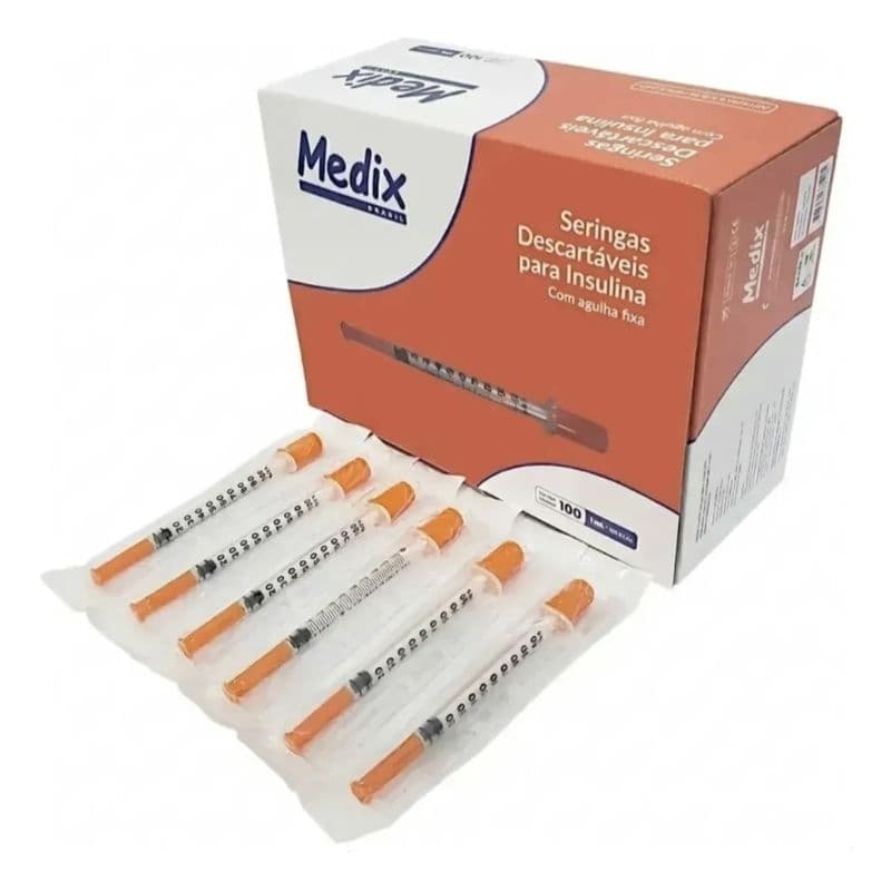 Seringa Insulina 1 ml com agulha fixa, 0,6,x0,25 mm e zero resíduos 10 unid.