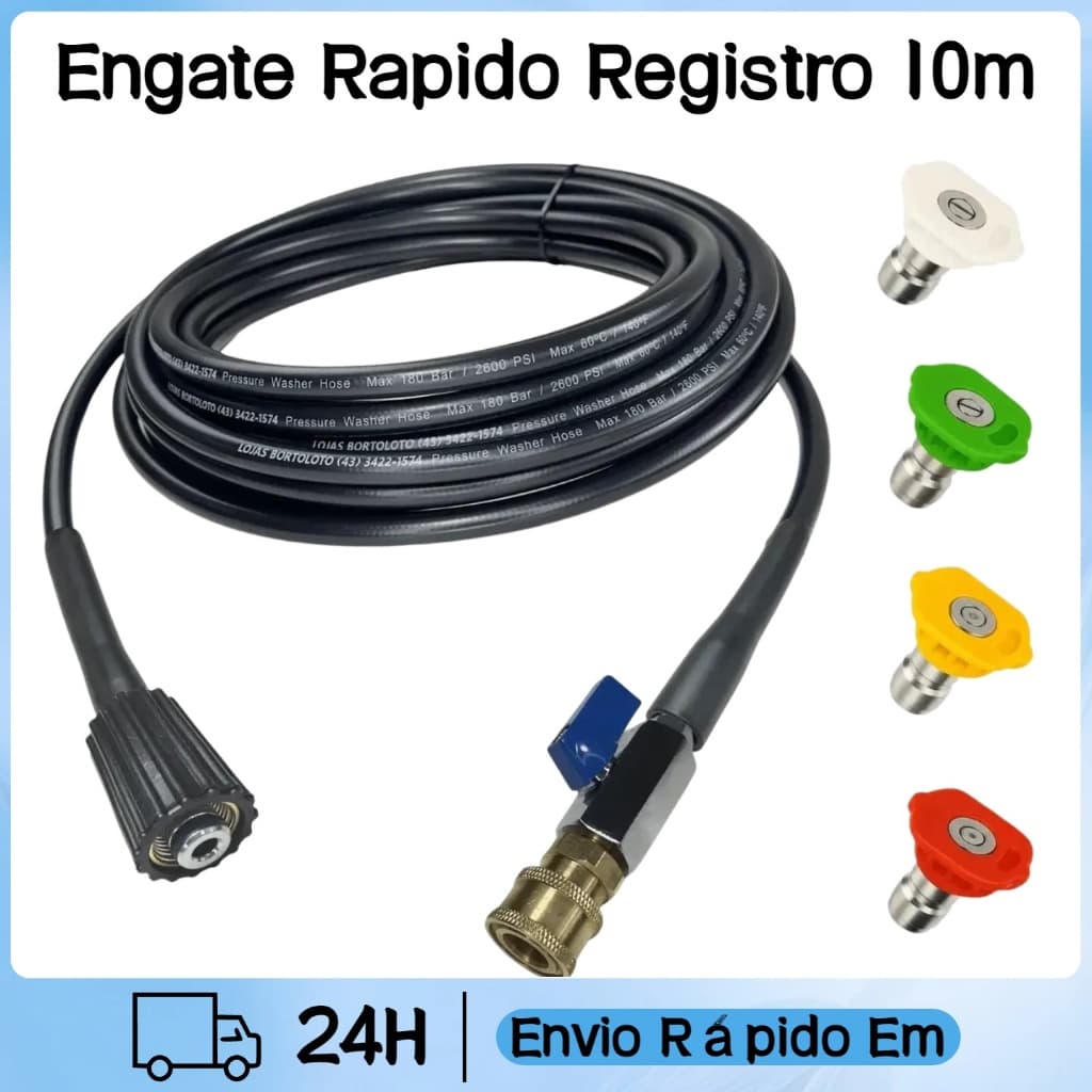 Mangueira de Engate Rápido c/ Bico Colorido p/ Lavadora Alta Pressão Electrolux, WAP, Vonder e Lavor 10m