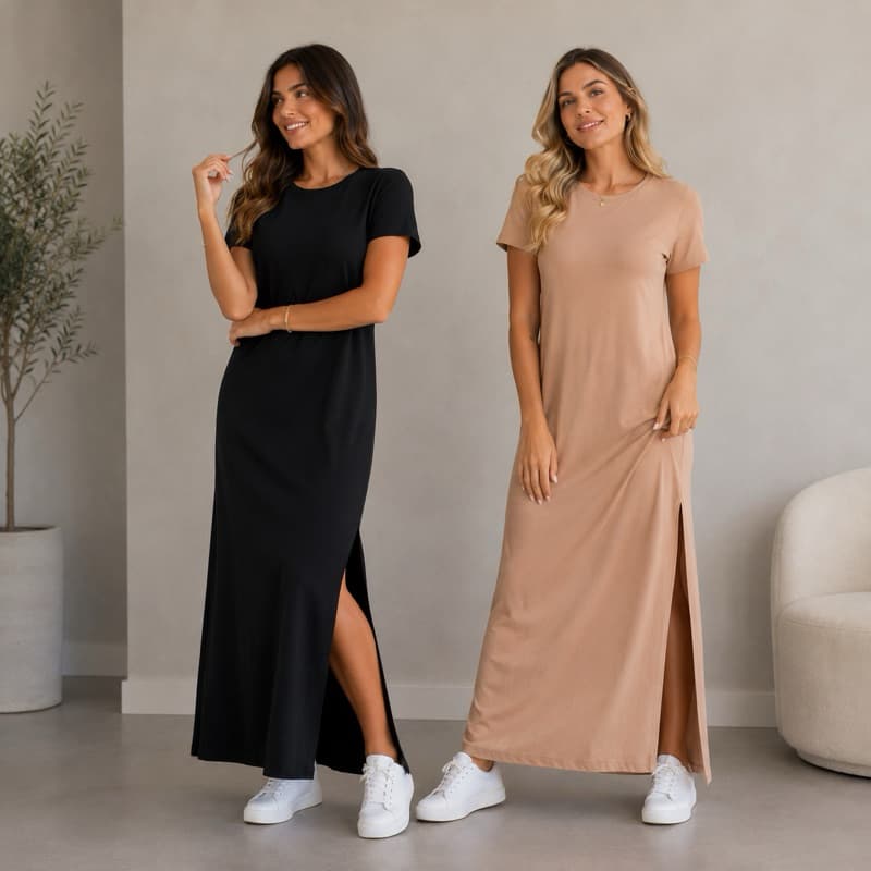 Vestido Longo Feminino 100% Algodão Premium Fio 30.1 Confortável Casual M G GG Preto Nude