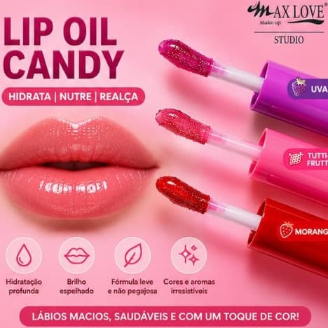 Lip Oil Gloss Candy Frutas Brilho, Hidratação e Cores Irresistíveis - Lançamento Maxlove