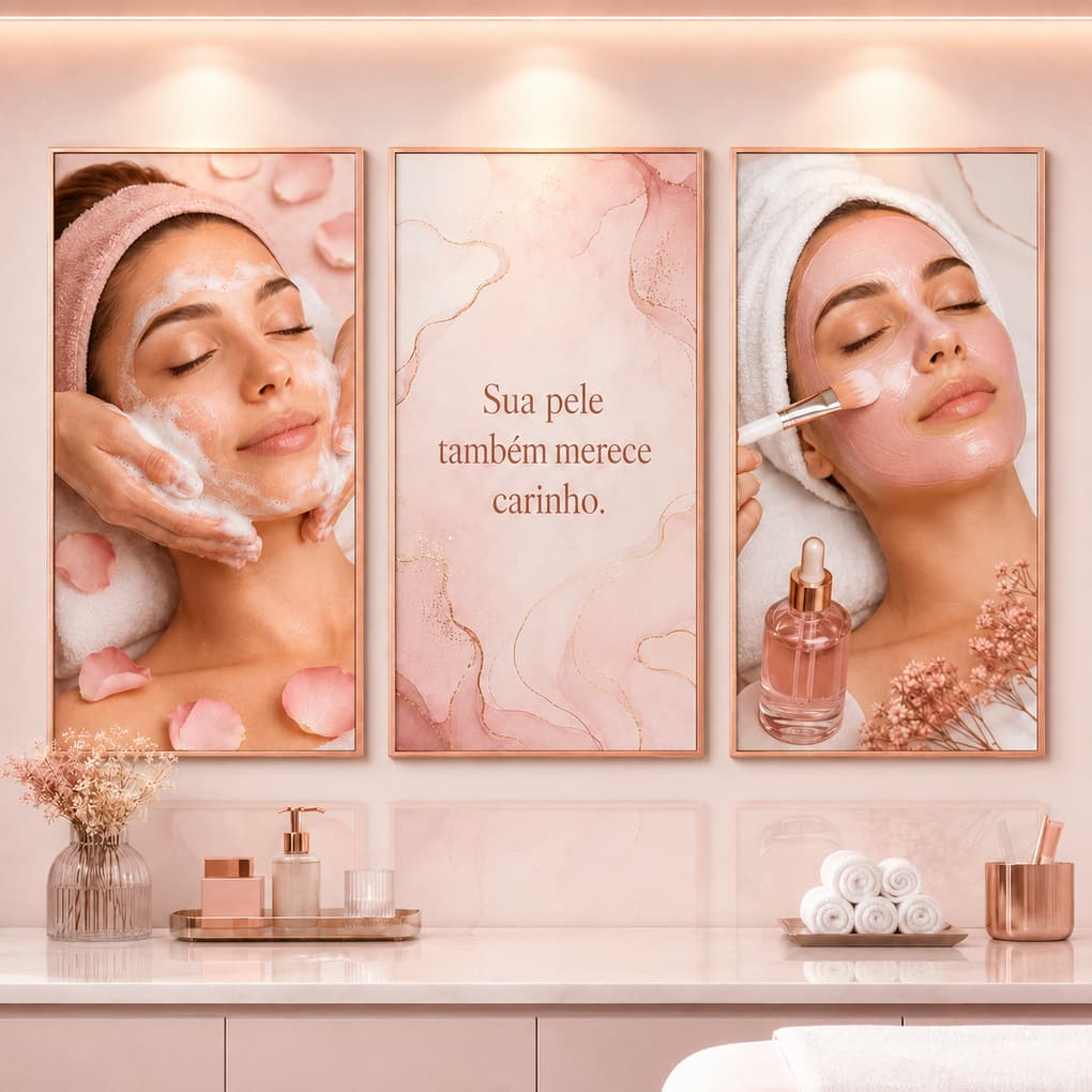 Trio Quadro Decorativo Estética Limpeza de Pele Salão Clínica Spa Rose 3 Peças
