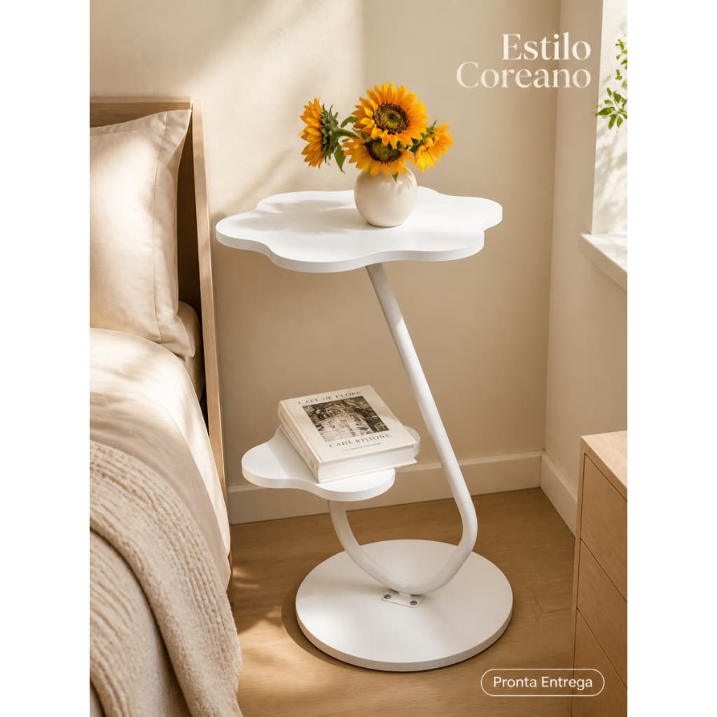 Mesa Lateral Formato Flor Dupla Prateleira Branco, Mesa Canto Multiuso para Sofá e Quarto, Estrutura em Aço Carbono
