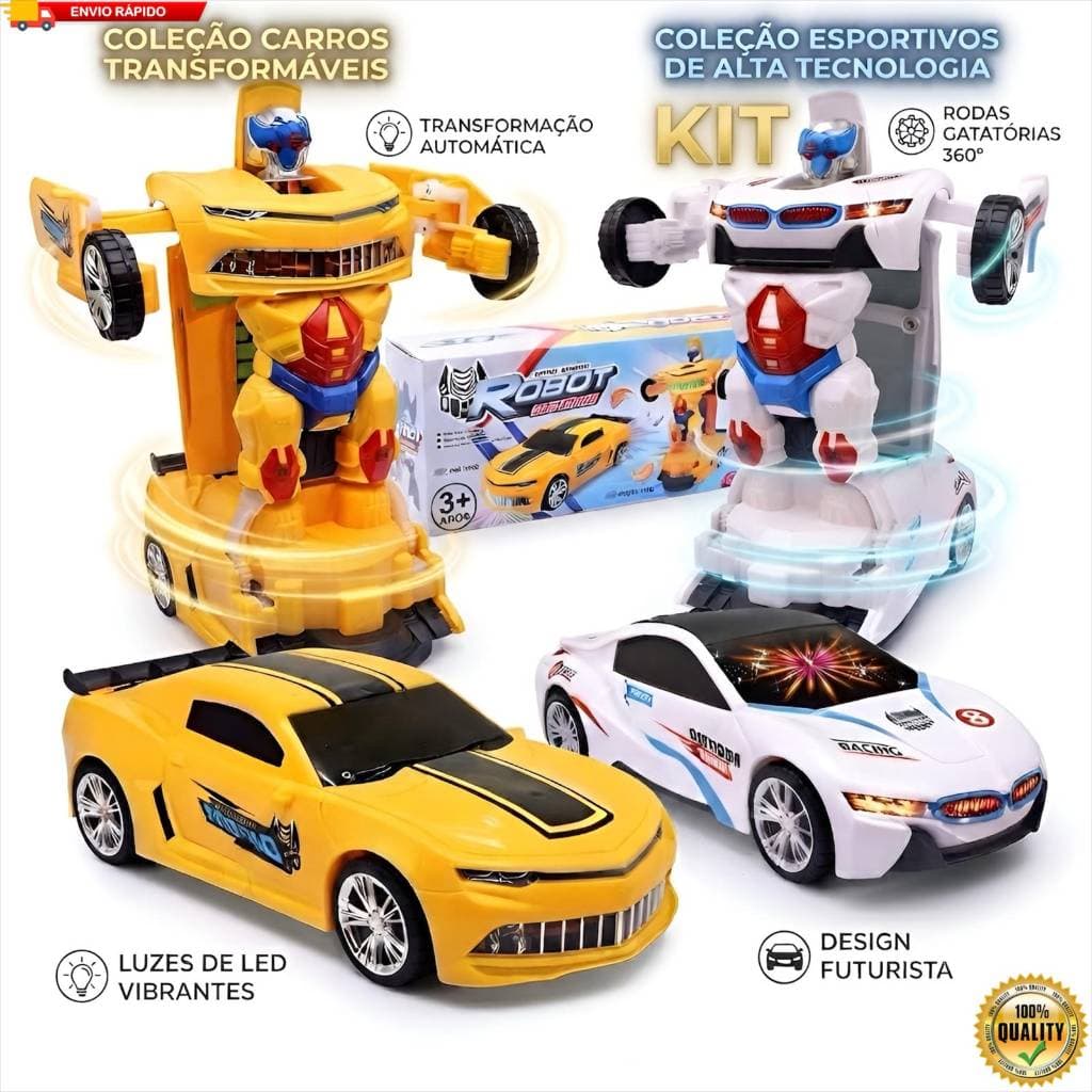 KIT Carrinho Transformes Robô 2 em 1 Brinquedo Infantil Eletrônico Bmw e Camaro Com Luz e Som Automáticos
