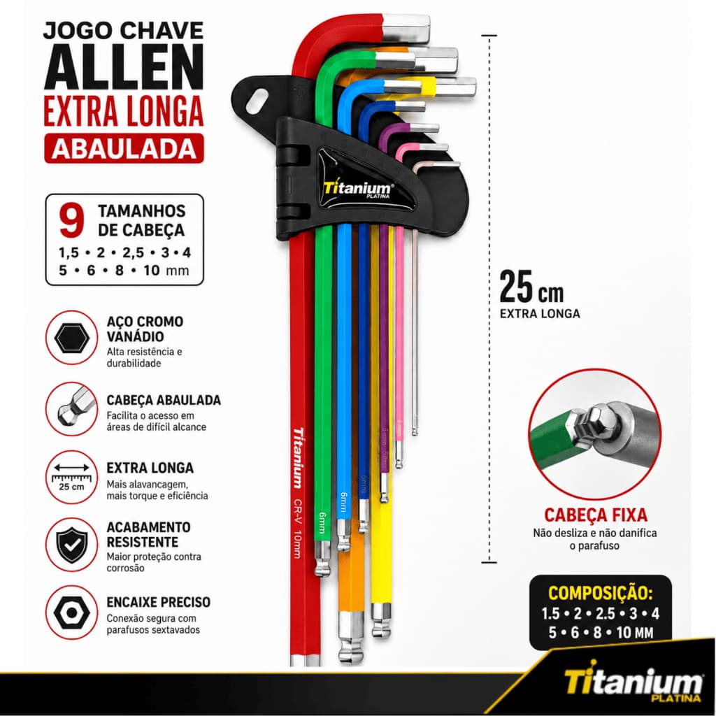 Jogo Chave Allen Extra Longa Abaulada 9 Peças CR-V 1,5 a 10mm Titanium