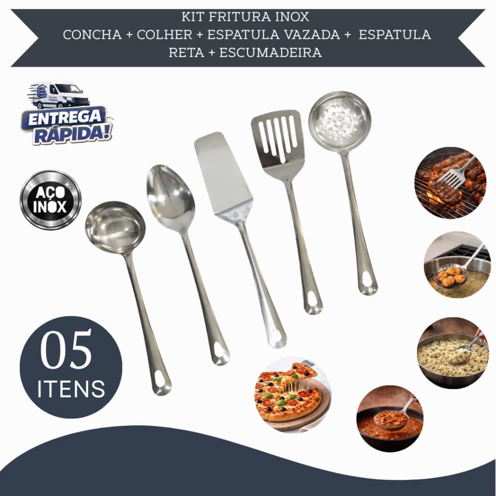 Kit Utensílios de Cozinha Inox 5 Peças – Concha Colher Espatula Vazada Escumadeira Espatula Bolo Restaurante