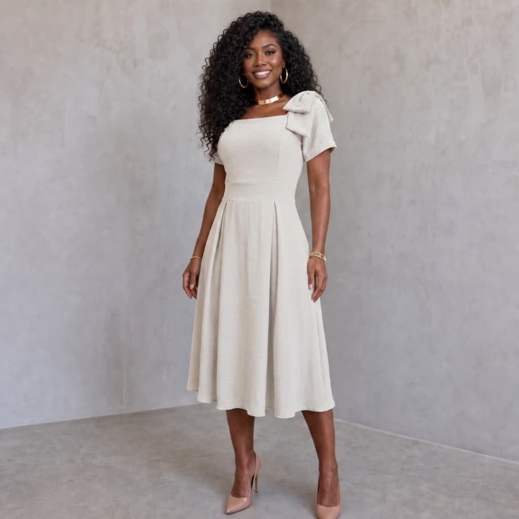 Vestido Feminino Plus Size Midi Evangélico Acinturado para Culto Festa