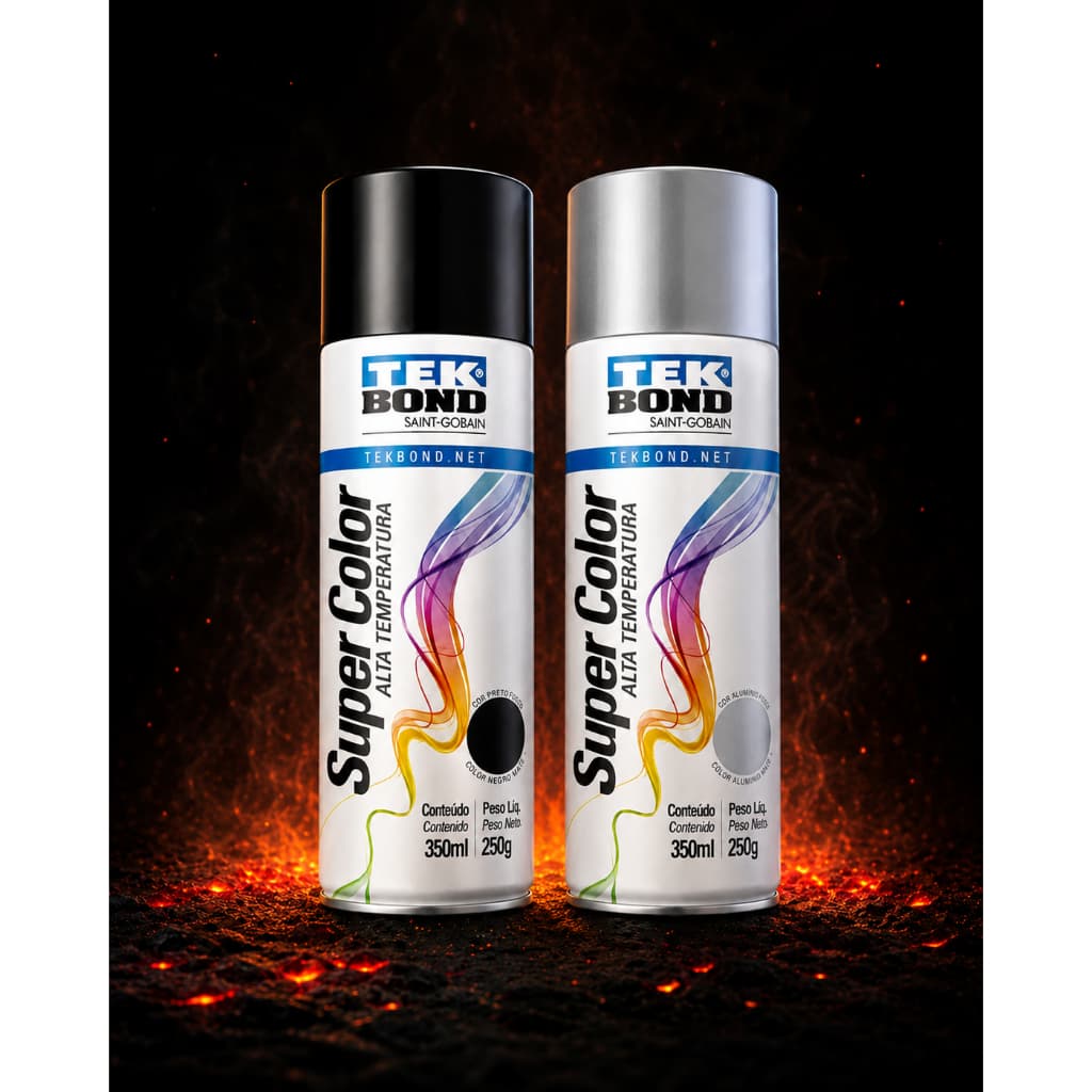 Tinta Spray/Aerosol Alta temperatura TekBond Cor Preto Fosco/Brilhante alumínio - Serve para Escapamento e Motor de Moto