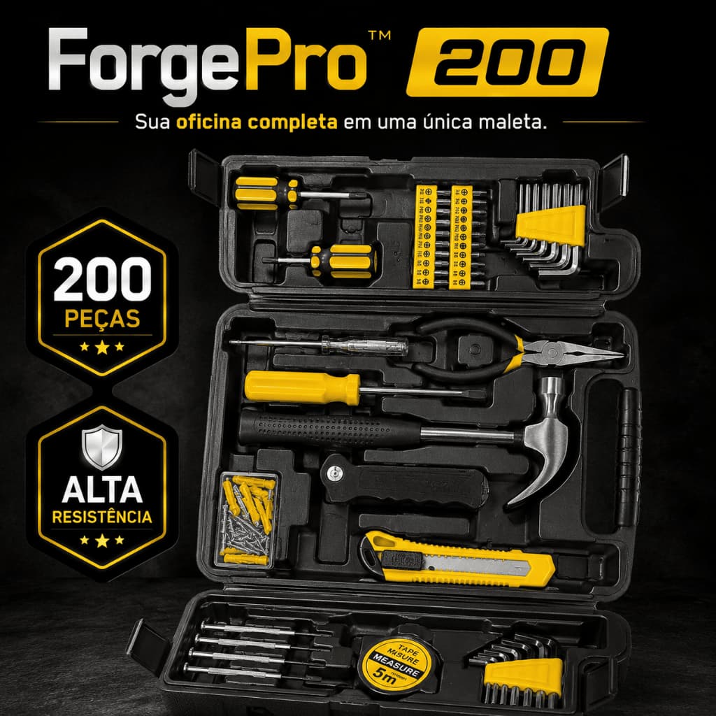 Maleta de Ferramentas 200 Peças Black Bull Kit Completo com Martelo Alicate Chaves Bits e Maleta Organizadora