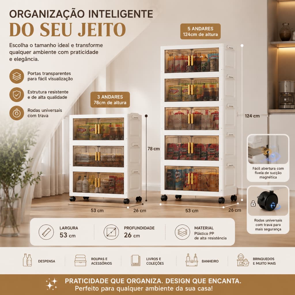 Armário Organizador Multiuso Modular com Rodinhas Estrutura Dobrável Portas Magnéticas Branco Creme e Marrom Translúcido