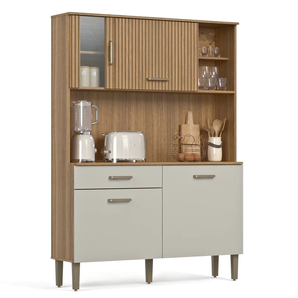 Armário de Cozinha Compacta 4 Portas e Gaveta Com Balcão e Aéreo com Nicho Completa Com Vidro Verona