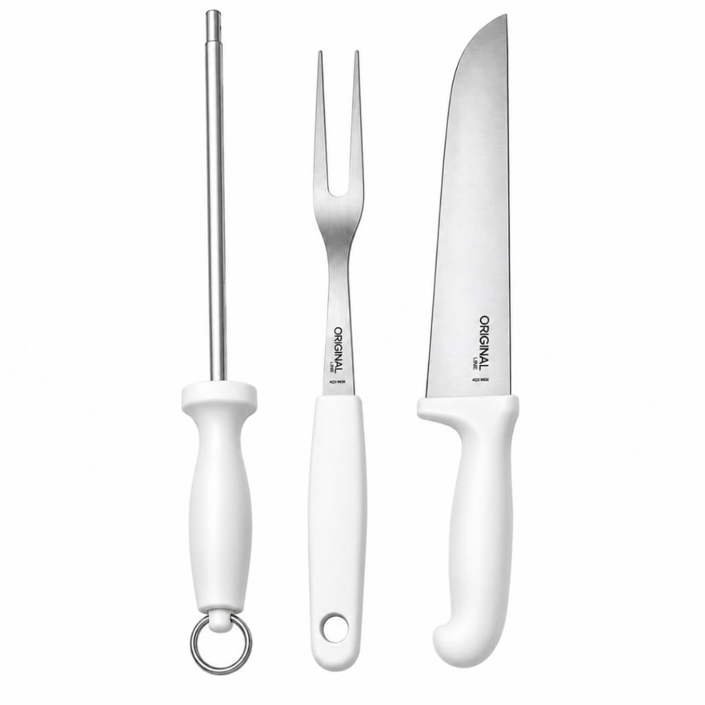 Kit Churrasco Profissional 3 peças Aço Inox Faca Corte Perfeito + Garfo Trinchante + Chaira Afiadora de Faca