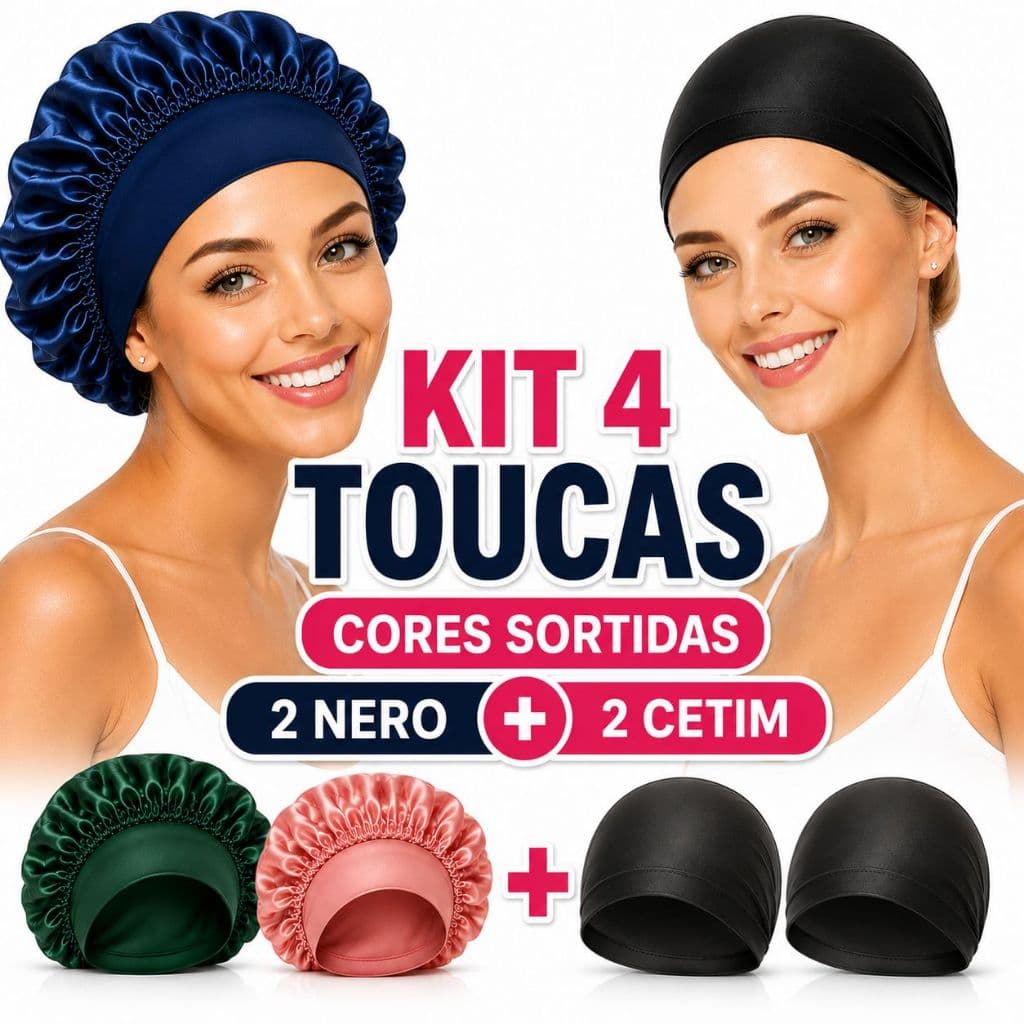 Kit 4 Toucas para Cabelo | 2 Toucas de Cetim + 2 Toucas de Nylon | Cores Sortidas | Proteção dos Fios para Dormir, Banho