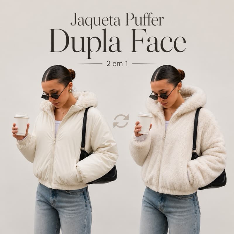 Jaqueta Puffer Dupla Face Feminina com Capuz Removível e Forro Peluciado
