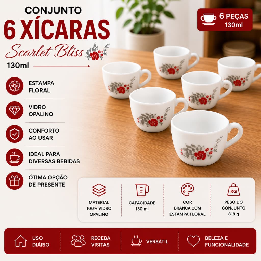 Conjunto 6 Xícaras de Vidro Opalino Scarlet Bliss 130ml – Branca com Estampa Floral