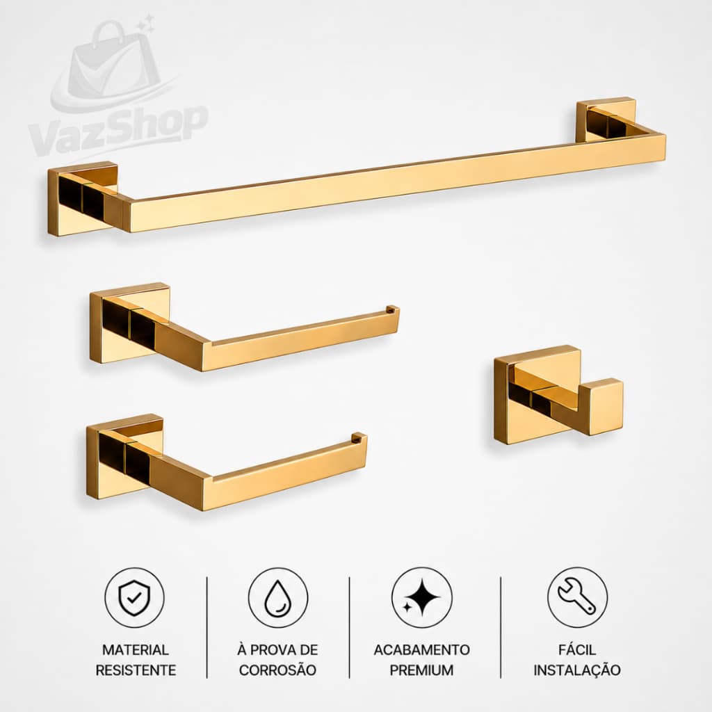 Kit Acessórios Banheiro 4 Peças Inox Dourado Porta Toalha Papeleira Cabide Luxo Alta Qualidade Premium