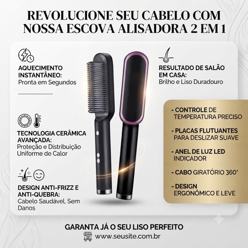 Escova Alisadora de Cabelo Elétrica Bivolt Alisa e Modela SALÃO PRO