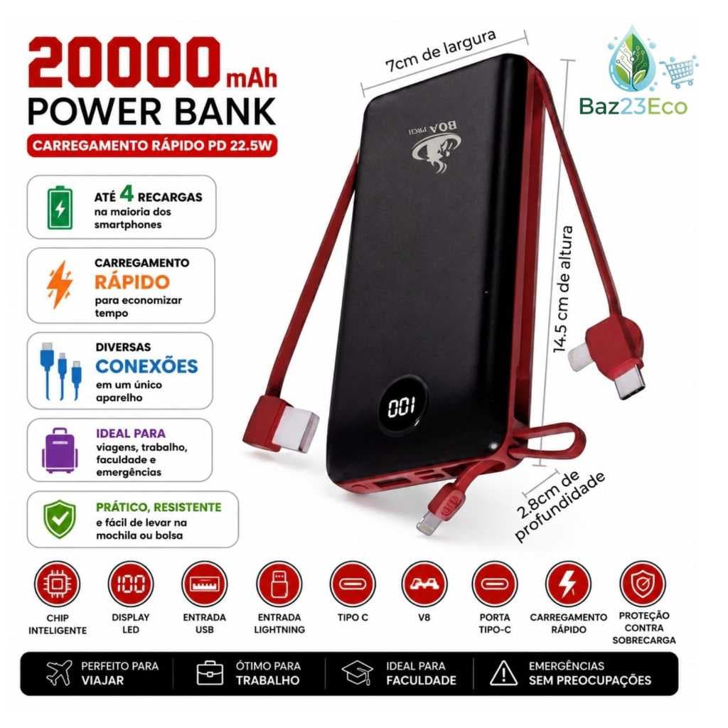 Carregador Portátil Turbo 20000mAh Power Bank 22.5W PD Display LED USB Tipo C Lightning V8 Carga Rápida Universal