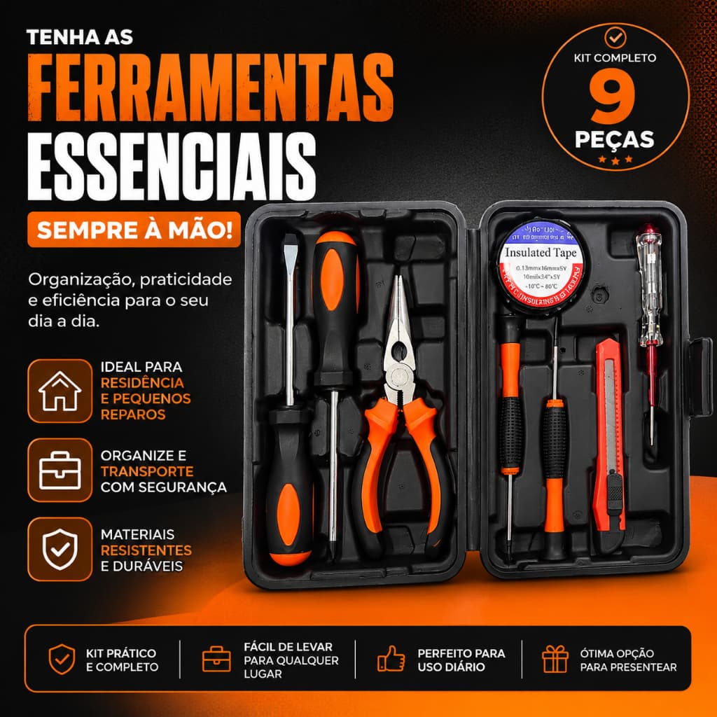Kit de Ferramentas 9 Peças  - Caixa/Maleta de Ferramentas