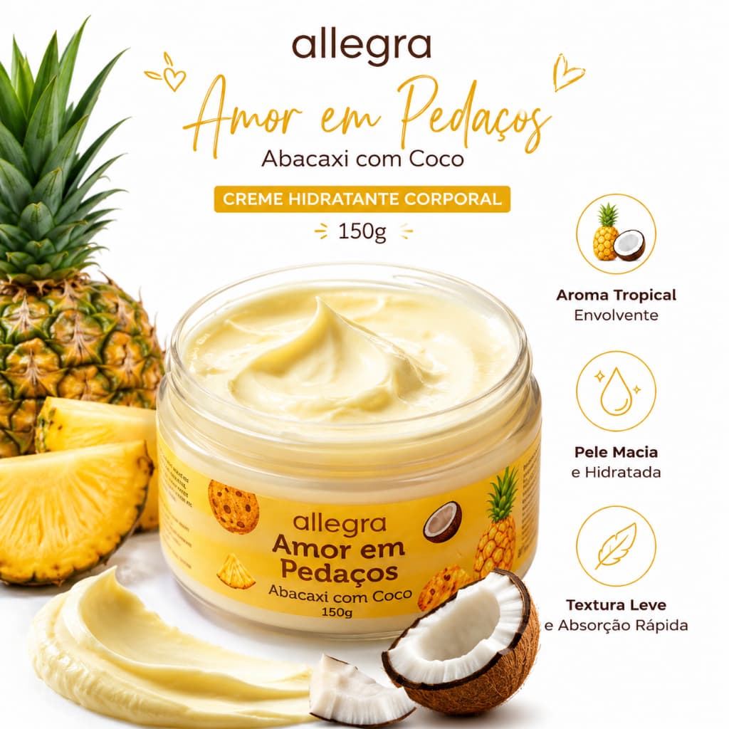 Creme Hidratante Corporal Allegra Abacaxi Coco 150g - Loção Perfumada Amor em Pedaços Pele Macia Pós-Sol Seca